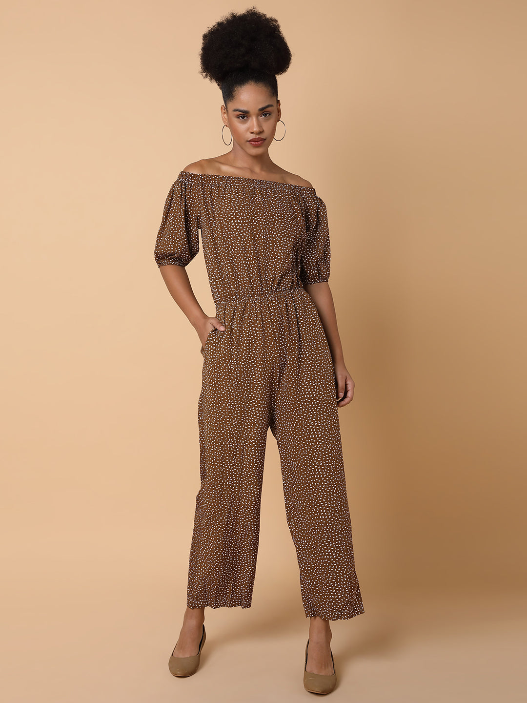 Women's Brown Off-Shoulder Printed Basic Jumpsuit