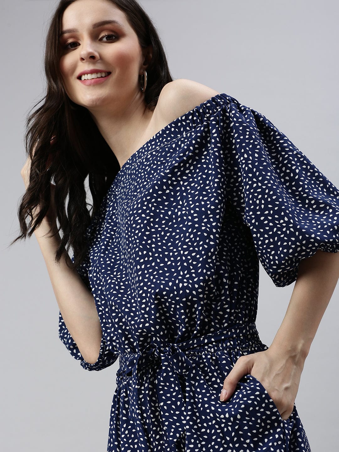 Women's Navy Blue Off-Shoulder Printed Basic Jumpsuit