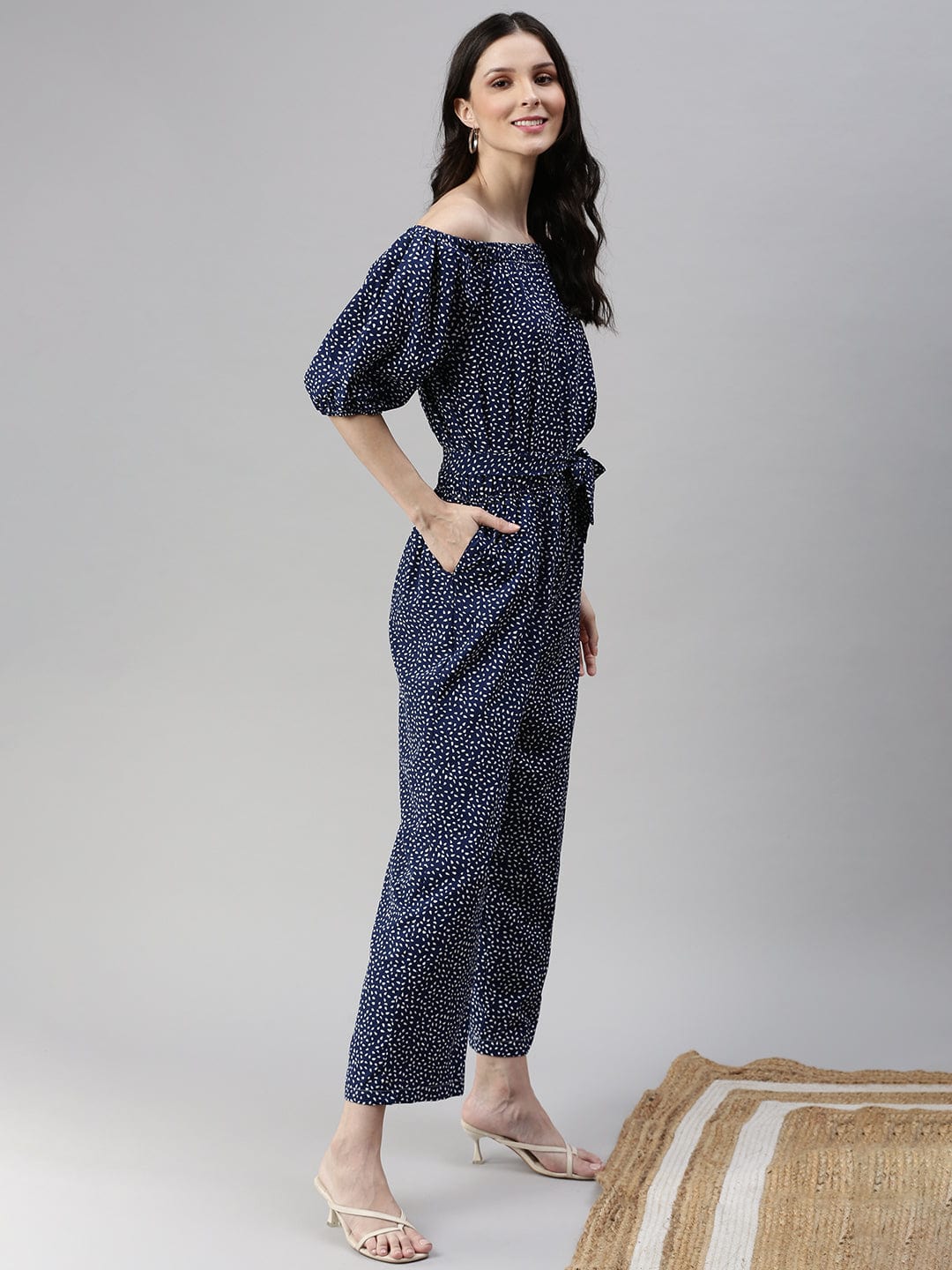 Women's Navy Blue Off-Shoulder Printed Basic Jumpsuit