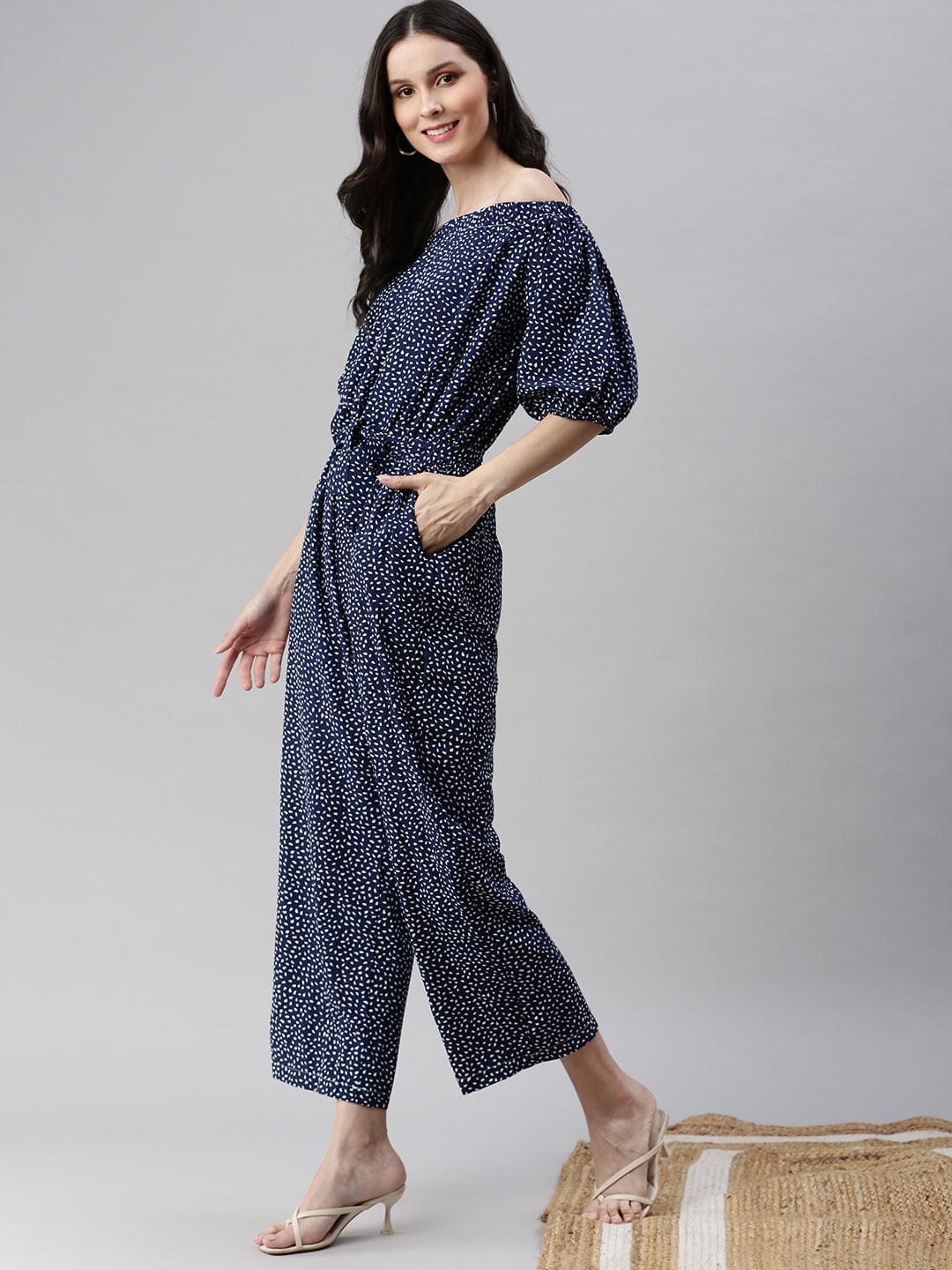 Women's Navy Blue Off-Shoulder Printed Basic Jumpsuit