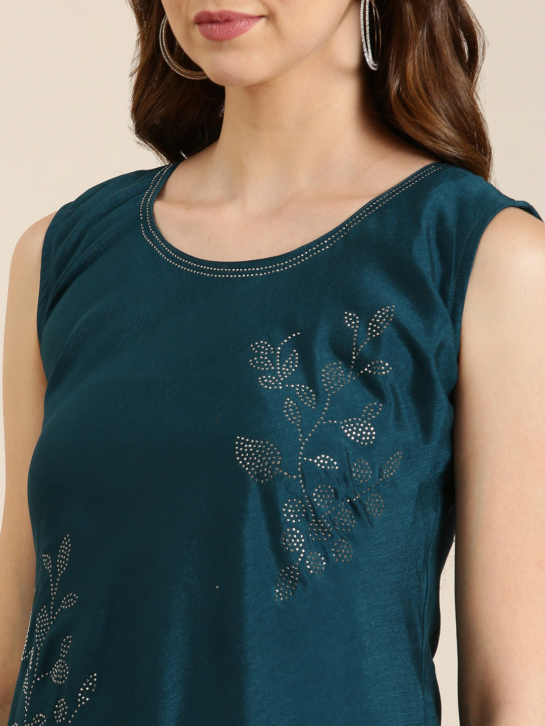 Women's Teal Embellished Beads & Stones A-Line Georgette Kurta