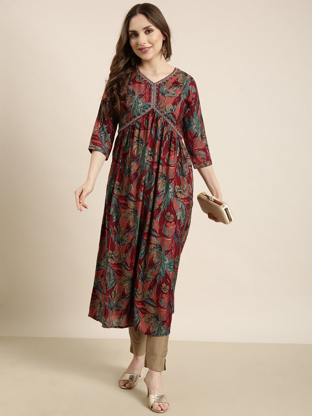 Women's Anarkali Maroon Floral Kurta