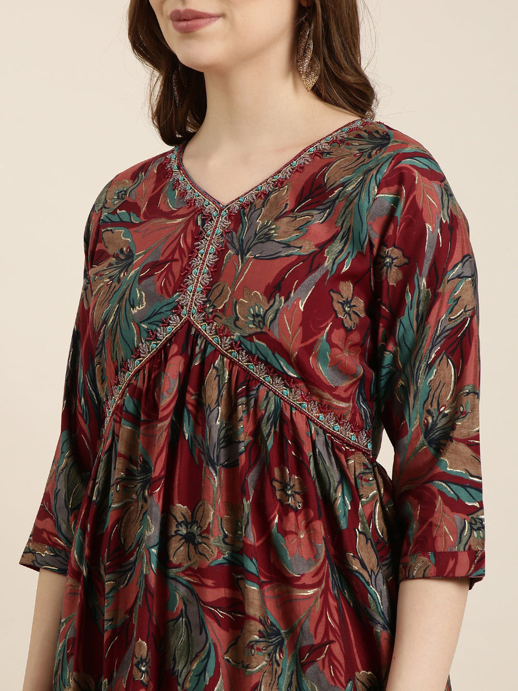 Women's Anarkali Maroon Floral Kurta