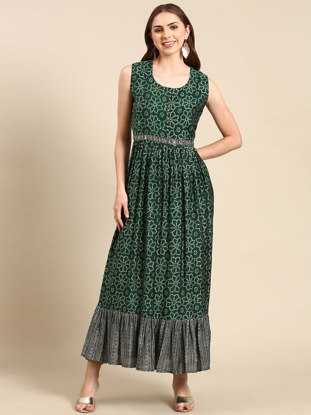 Women's Green Ethnic Motifs Printed Sequinned Anarkali Kurta