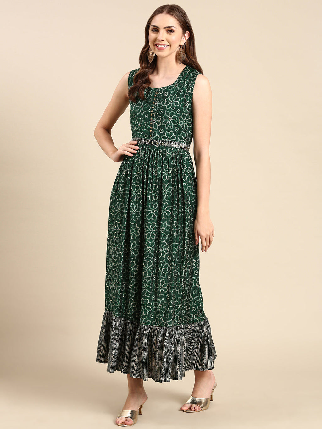 Women's Green Ethnic Motifs Printed Sequinned Anarkali Kurta