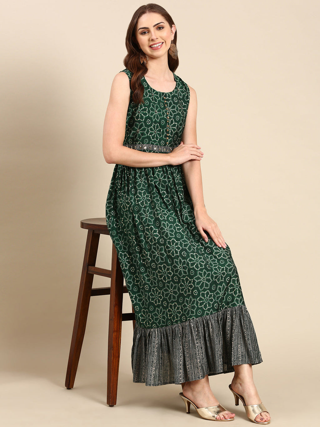 Women's Green Ethnic Motifs Printed Sequinned Anarkali Kurta