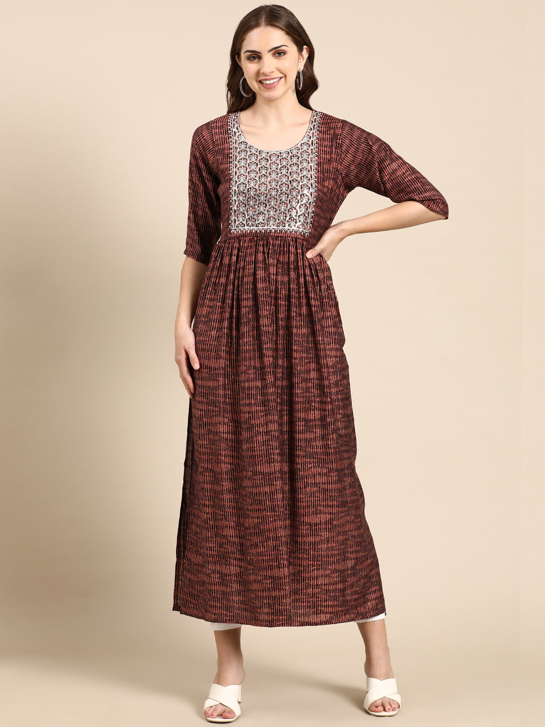 Women's Rust Abstract Printed Zari Anarkali Kurta