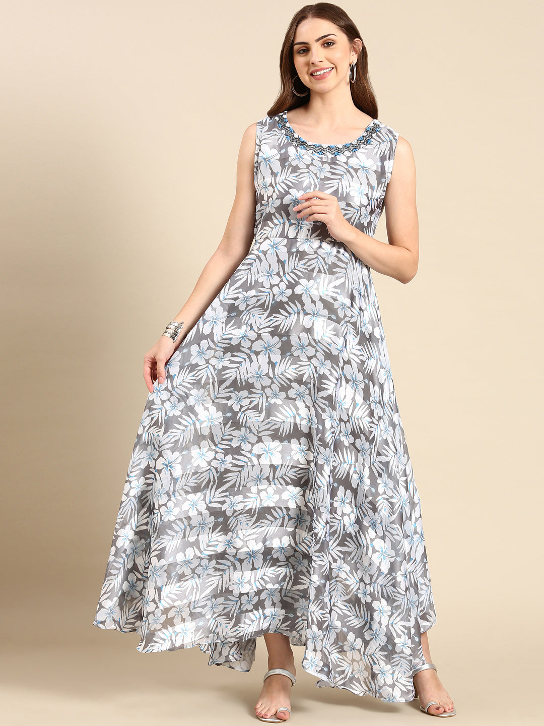 Women's Grey Floral Printed Chiffon Maxi Kurta