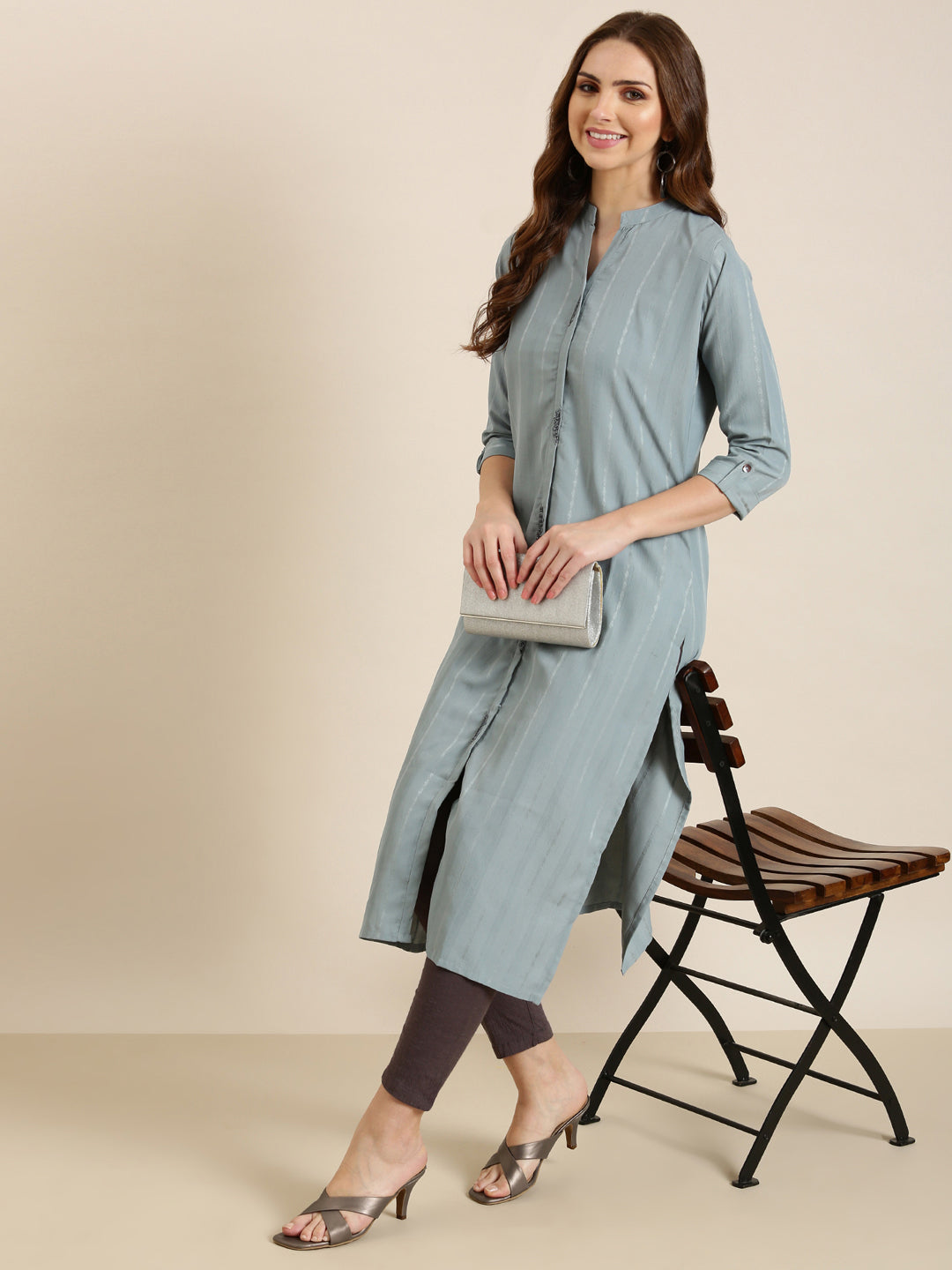 Women's Grey Striped Mandarin Straight Collar Kurta