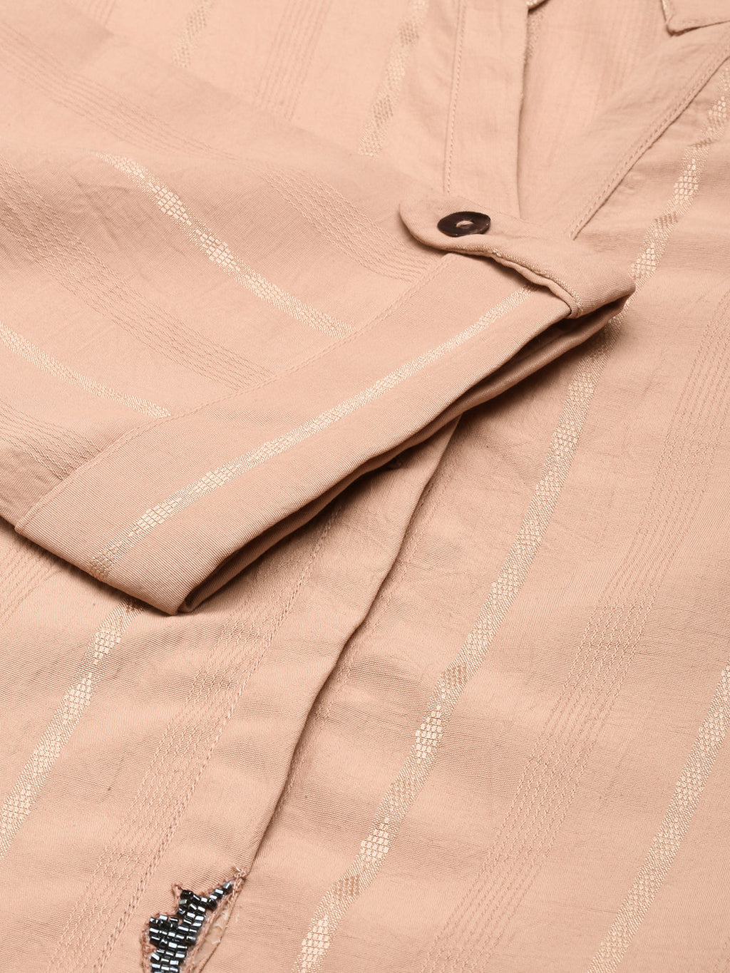 Women's Peach Striped Mandarin Collar Beads & Stones Straight Kurta