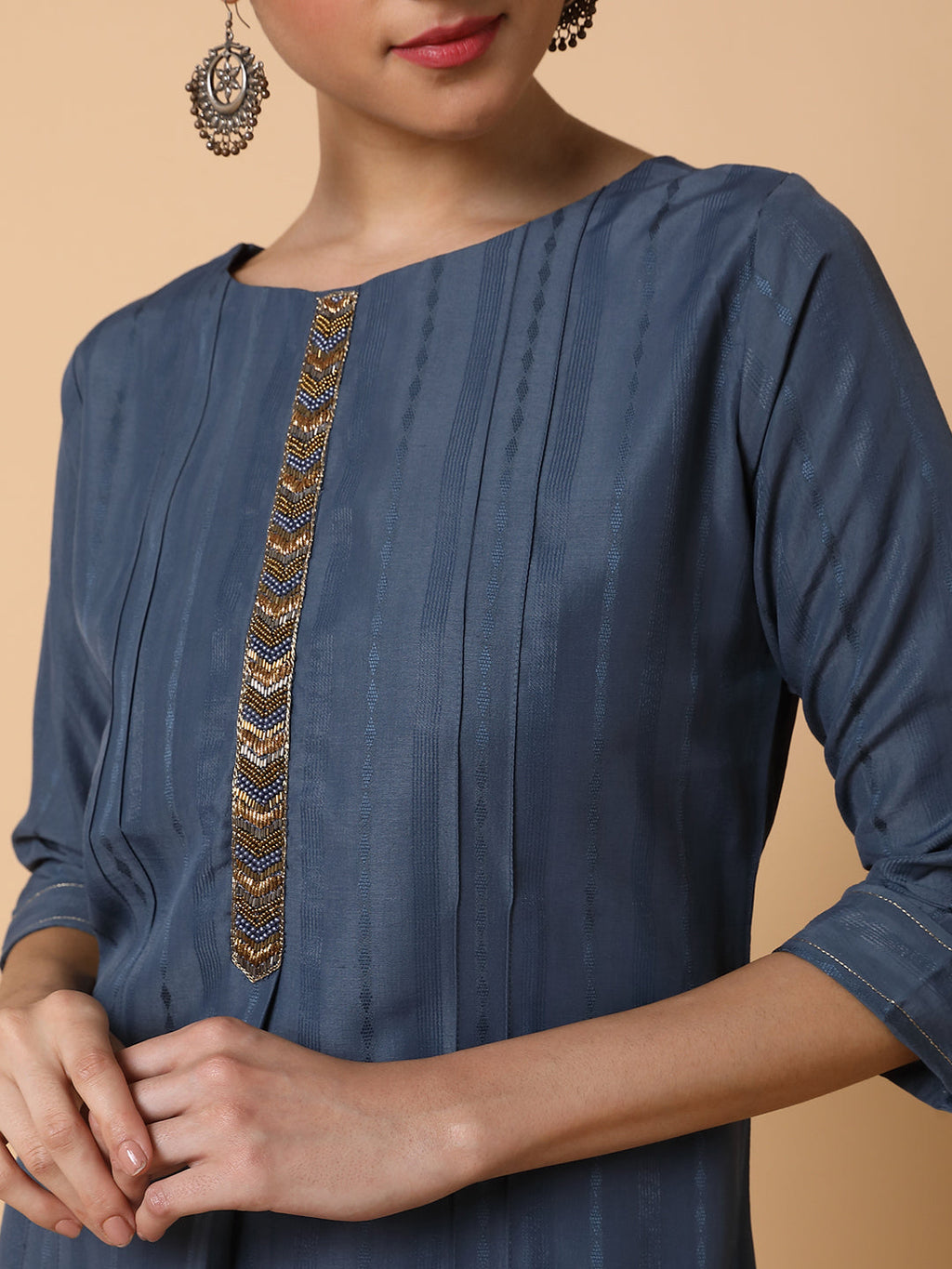 Women's Straight Grey Woven Design Kurta