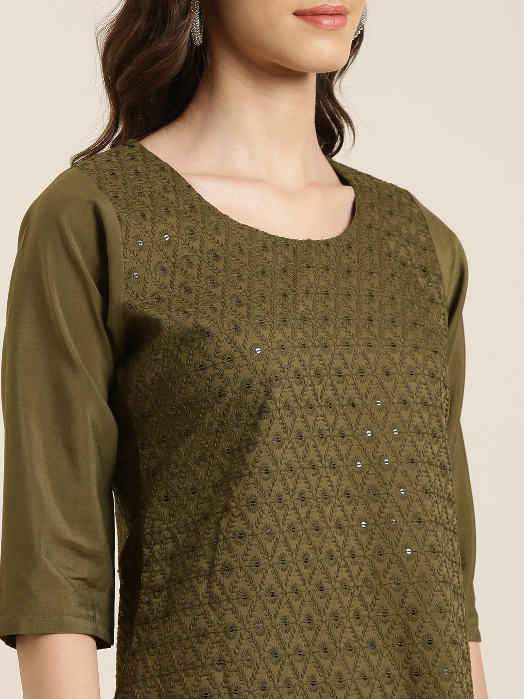 Women's Olive Ethnic Motifs Embroidered Sequinned Straight Kurta