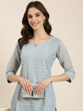 Women's Blue Ethnic Motif Embroidered Straight Kurta