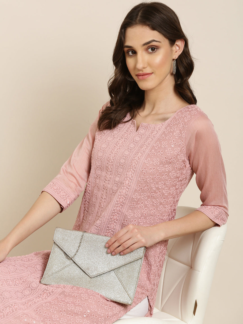 Women's Pink Floral Embroidered Sequinned Straight Kurta