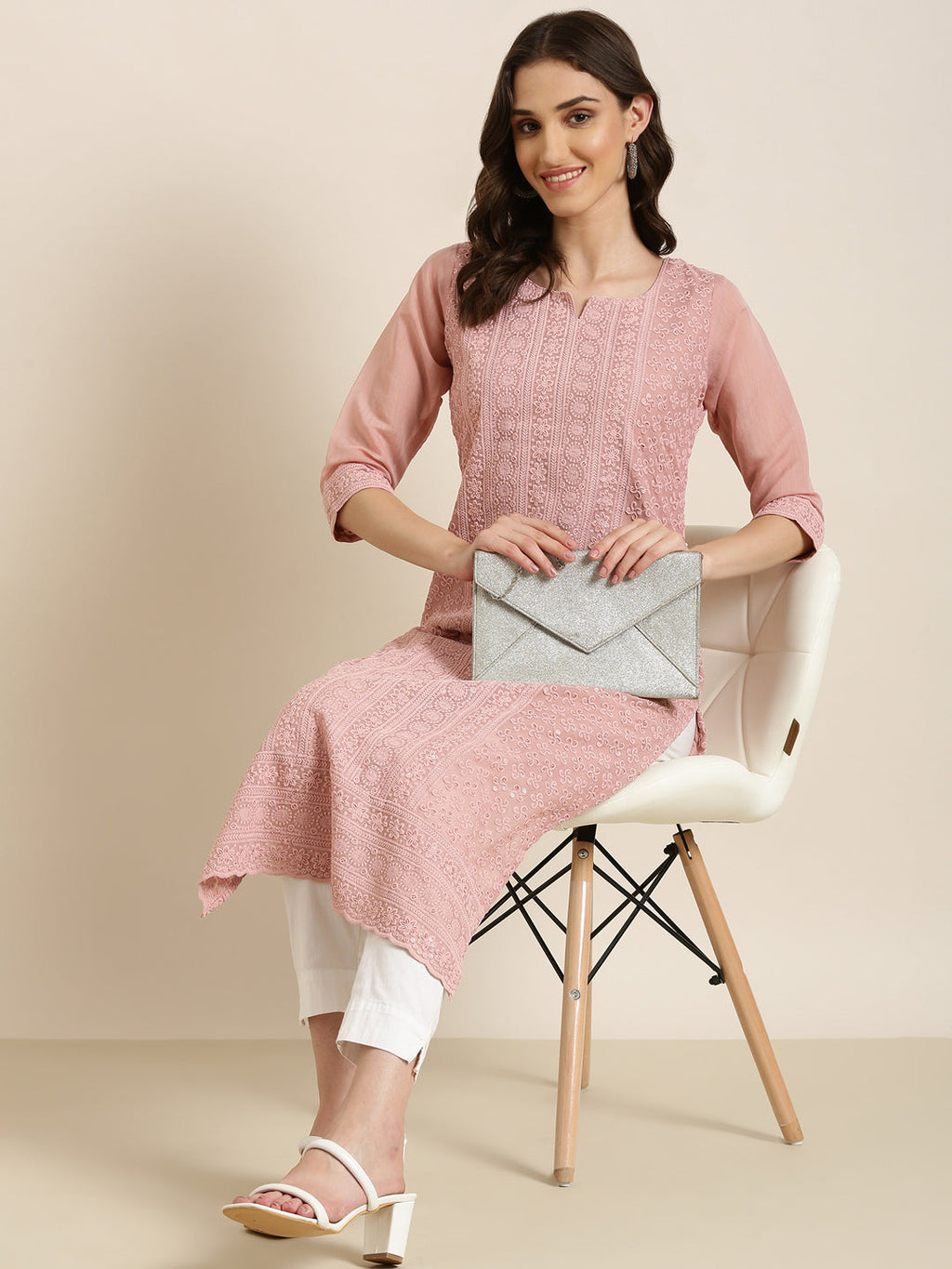 Women's Pink Floral Embroidered Sequinned Straight Kurta