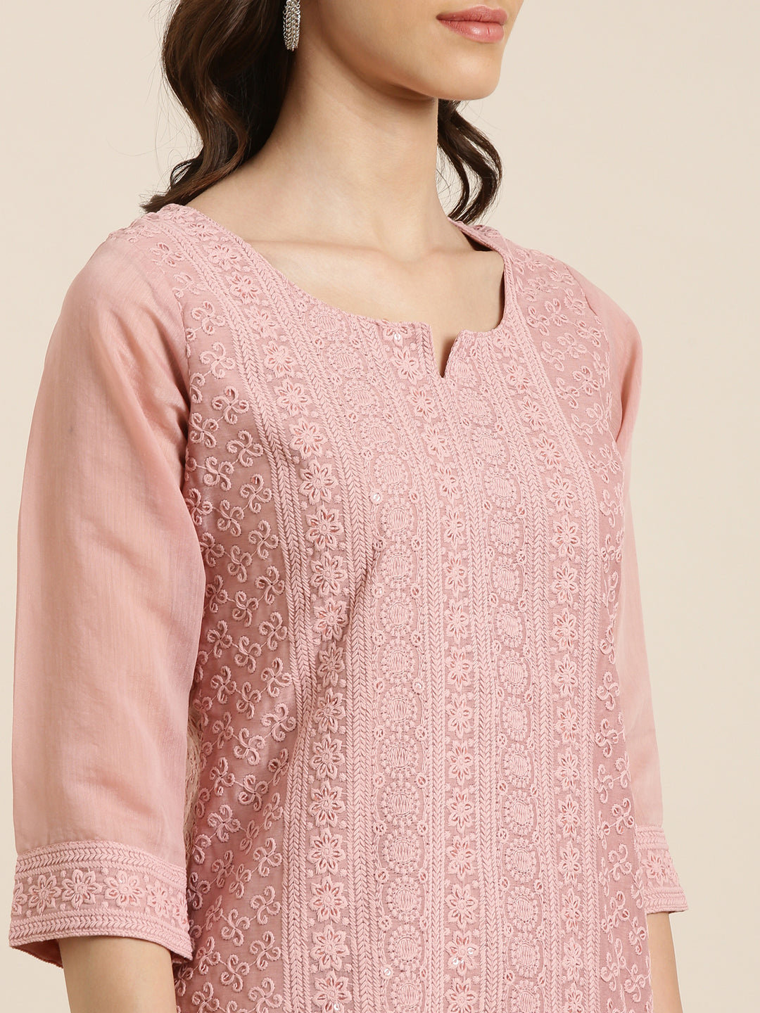 Women's Pink Floral Embroidered Sequinned Straight Kurta