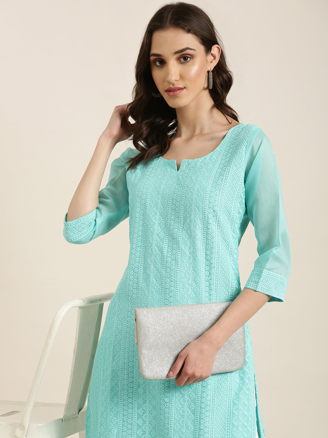 Women's Turquoise Blue Embroidered Chikankari Neck Straight Kurta