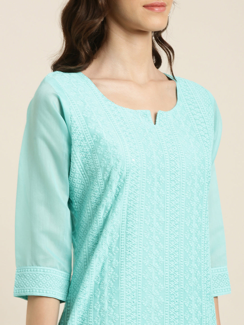 Women's Turquoise Blue Embroidered Chikankari Neck Straight Kurta