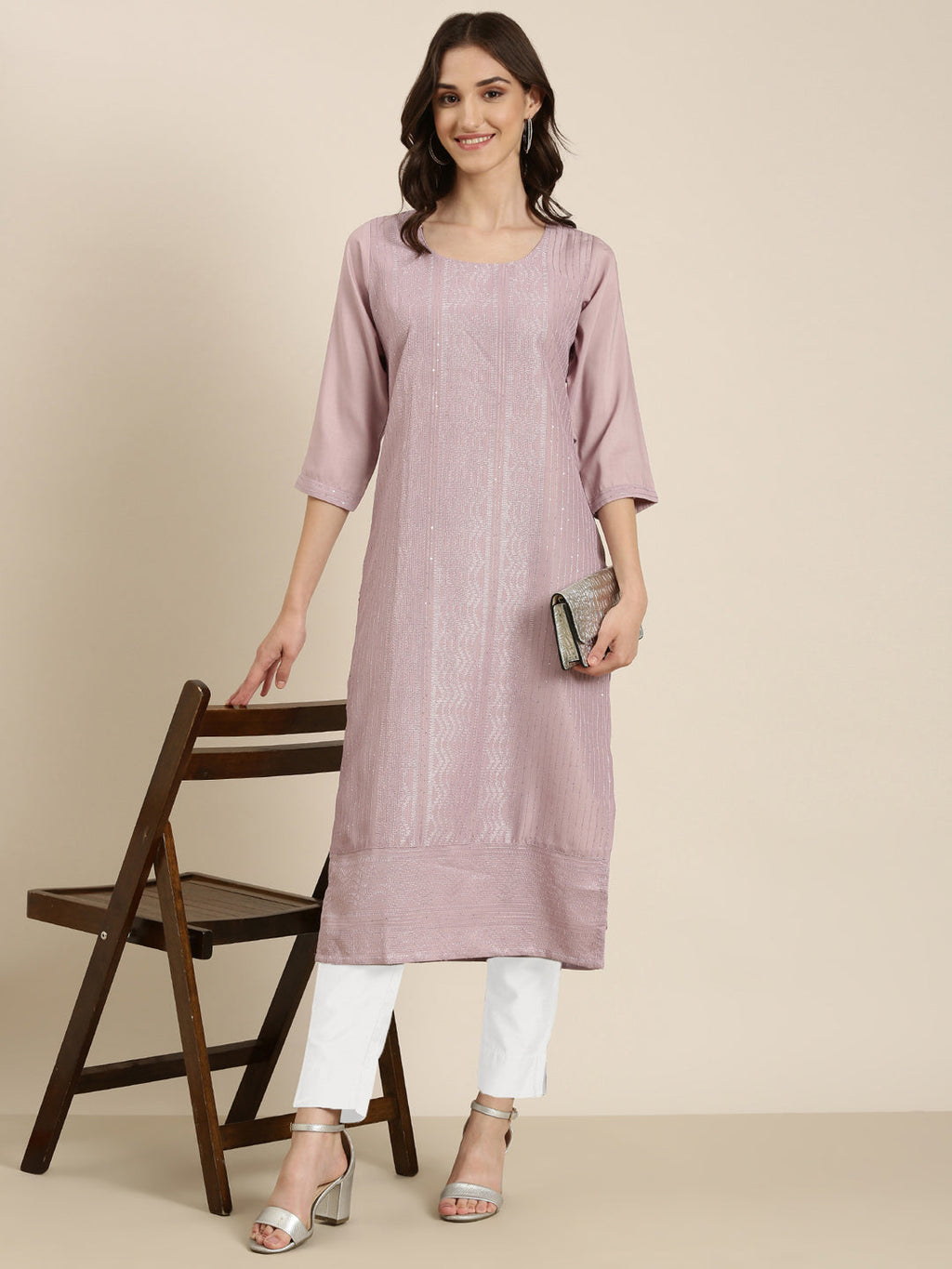 Women's Lavender Embroidered Straight Kurta