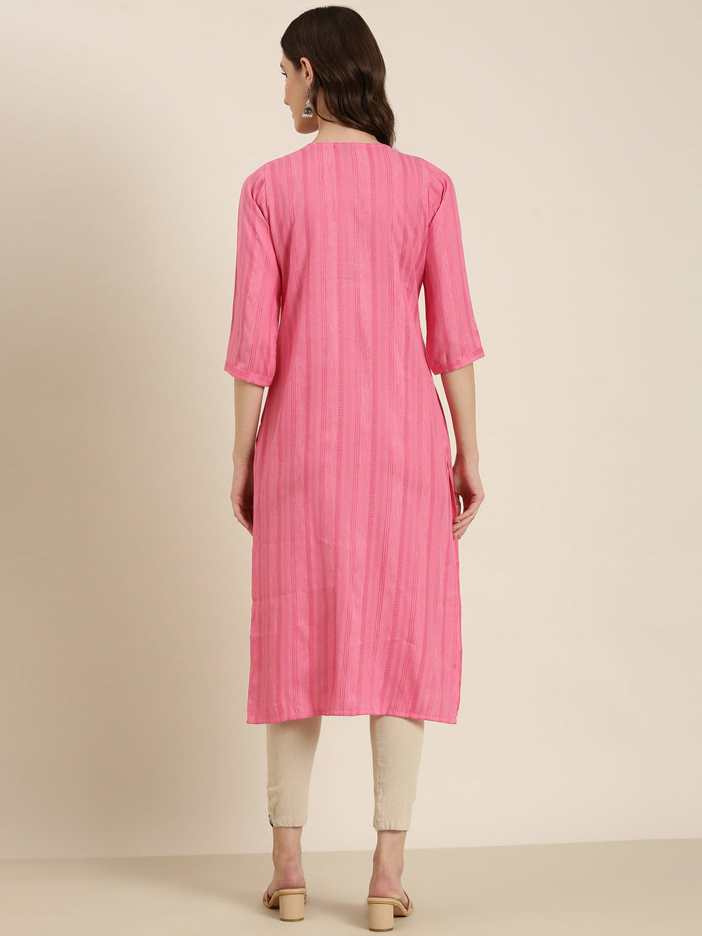 Women's Pink Floral Yoke Design Cotton Straight Kurta