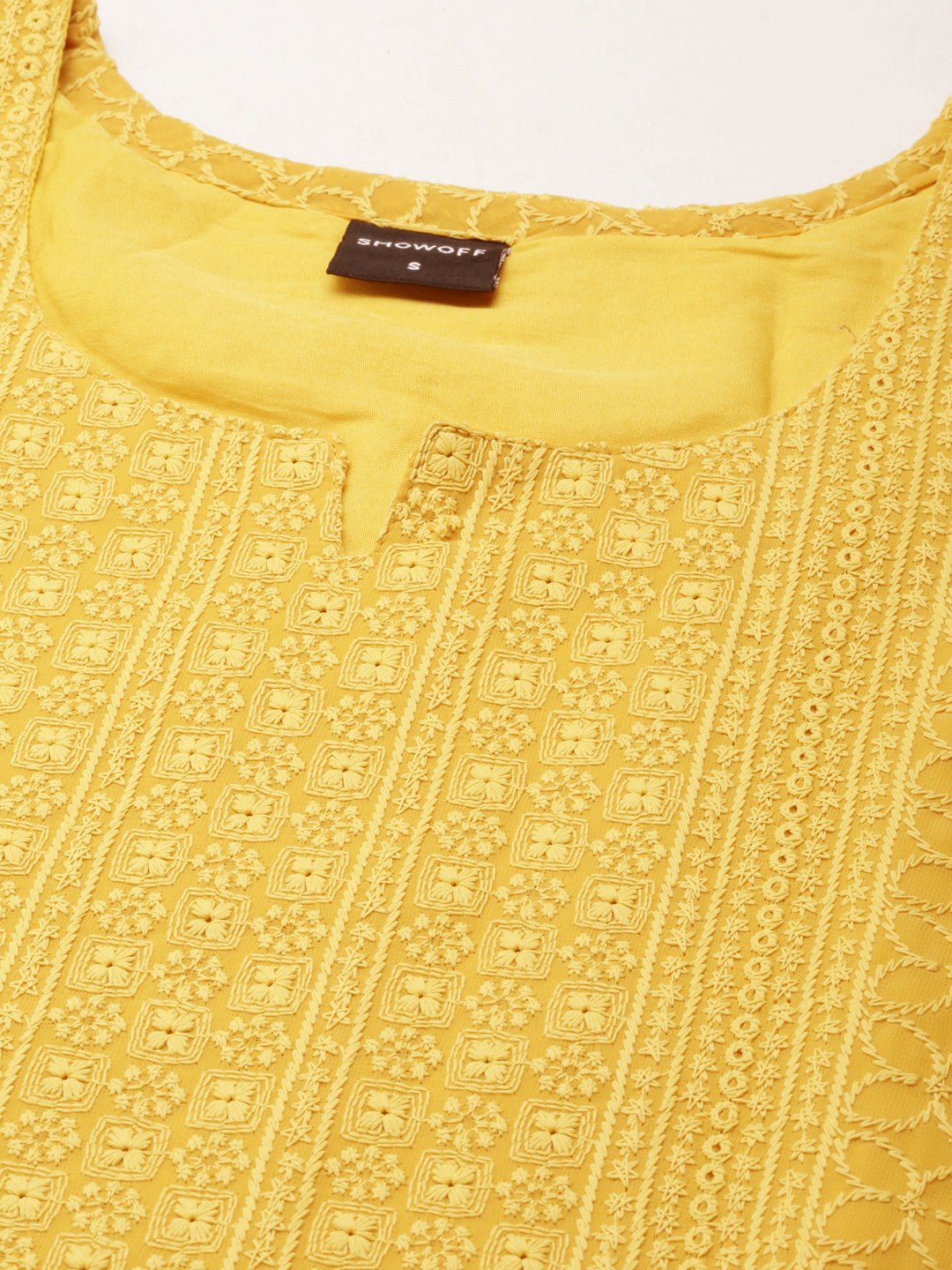 Women's Mustard Ethnic Motifs Embroidered Thread Work Straight Kurta