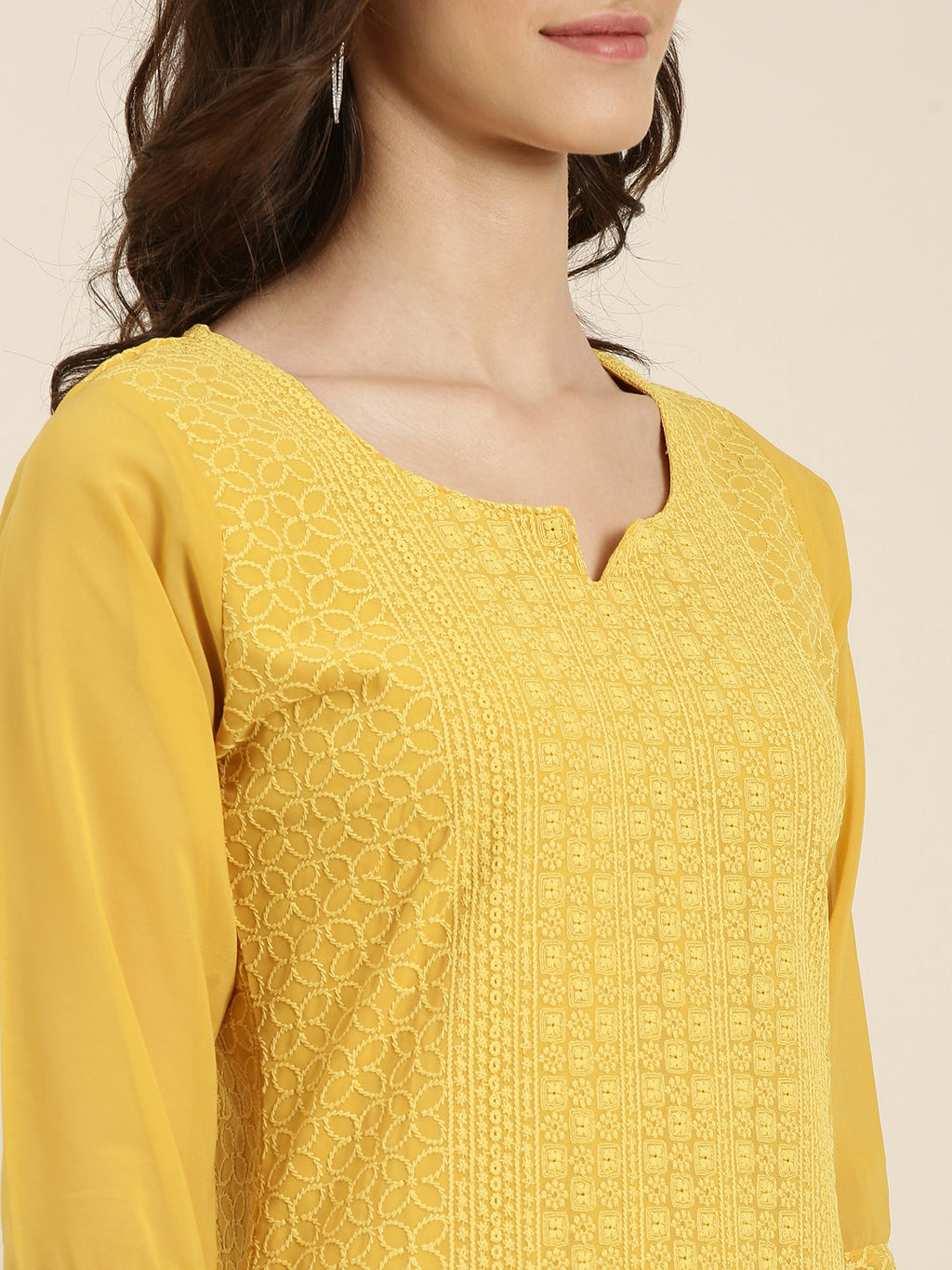 Women's Mustard Ethnic Motifs Embroidered Thread Work Straight Kurta