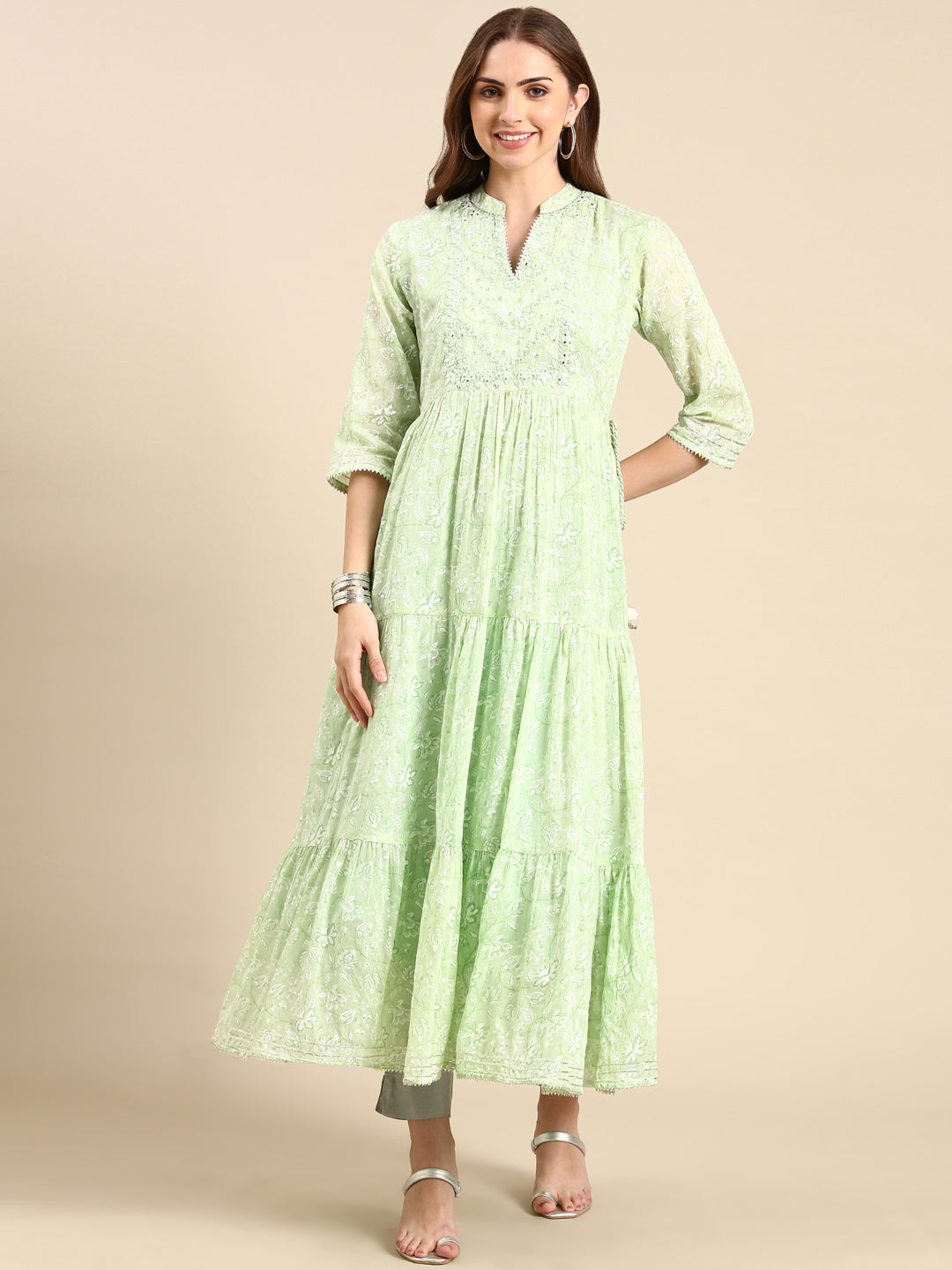 Women's Green Floral Printed Tiering Anarkali Kurta