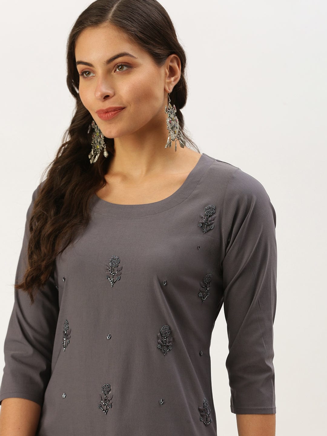 Women's Embellished Grey Straight Kurta