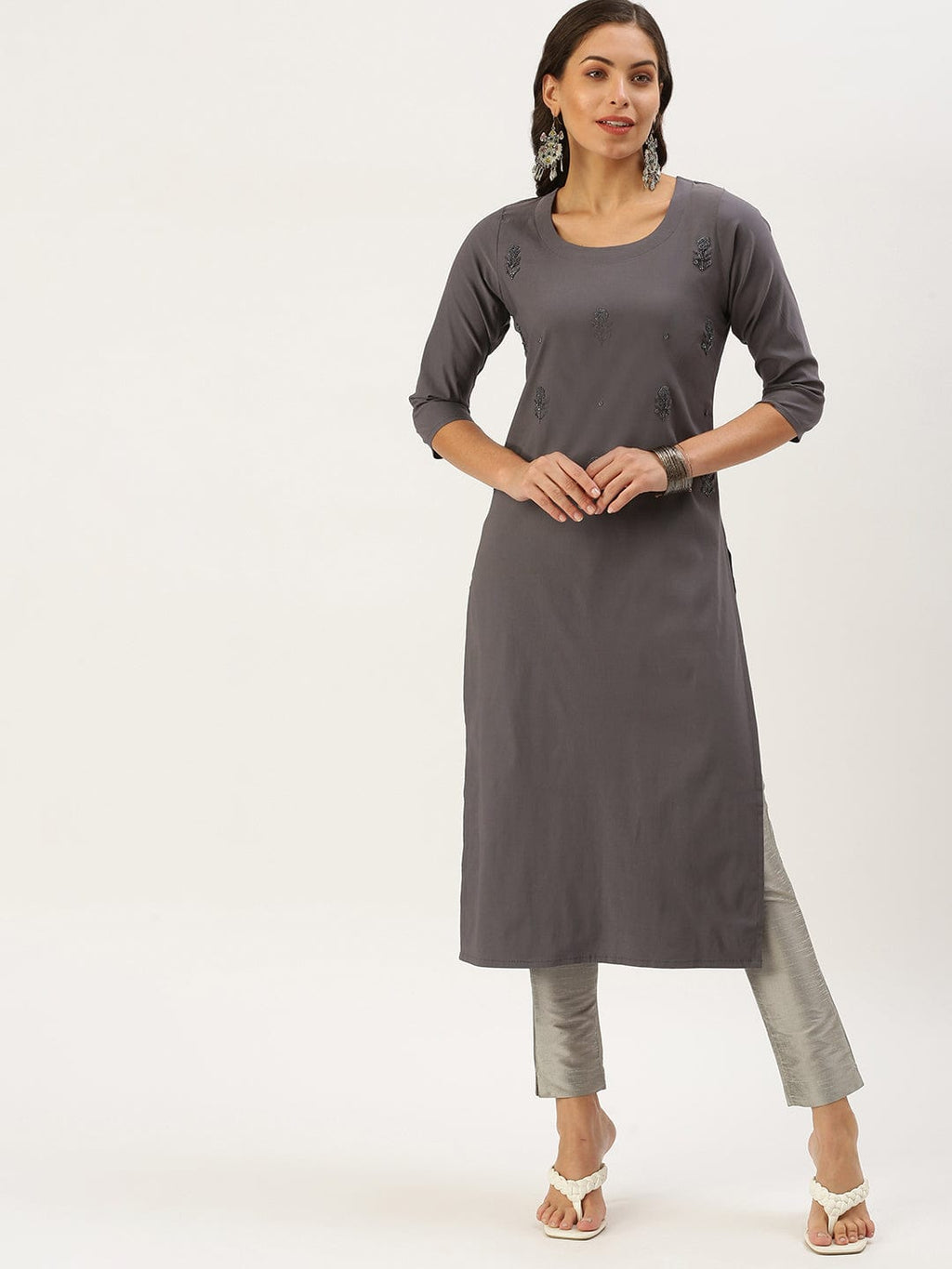 Women's Embellished Grey Straight Kurta