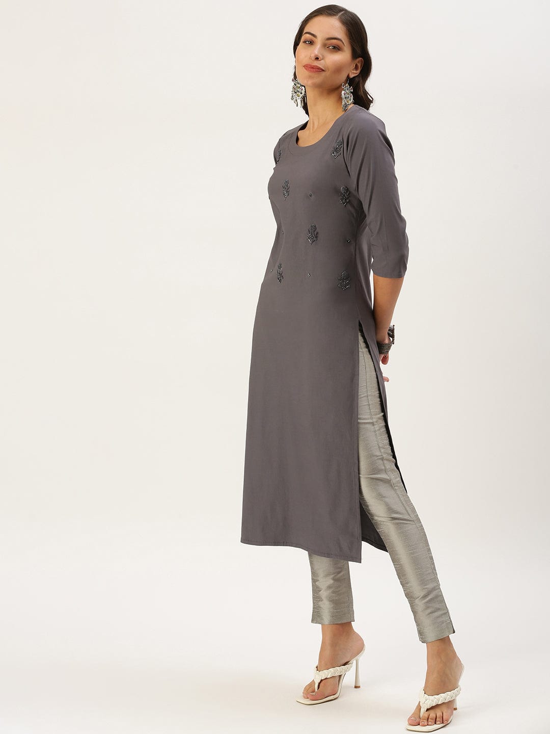 Women's Embellished Grey Straight Kurta