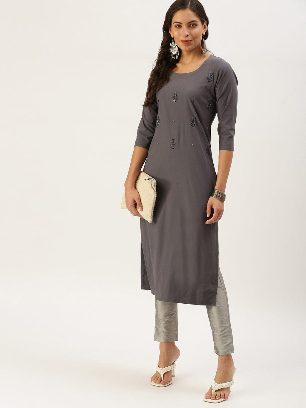 Women's Embellished Grey Straight Kurta