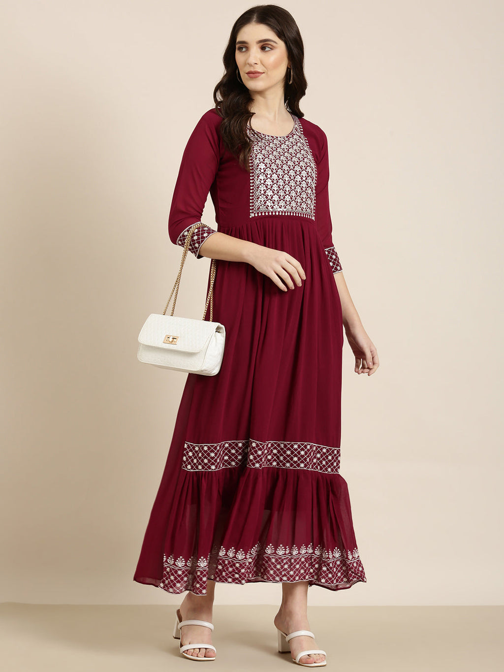 Women's Magenta Ethnic Motifs Embroidered Sequinned Georgette Anarkali Kurta