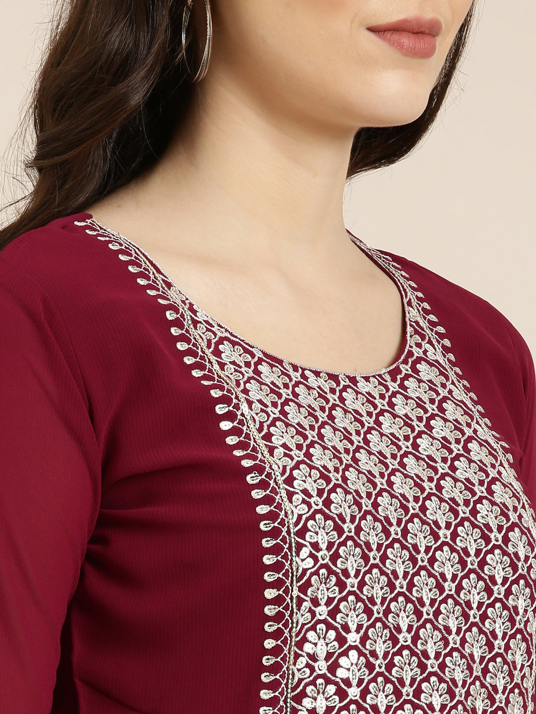 Women's Magenta Ethnic Motifs Embroidered Sequinned Georgette Anarkali Kurta