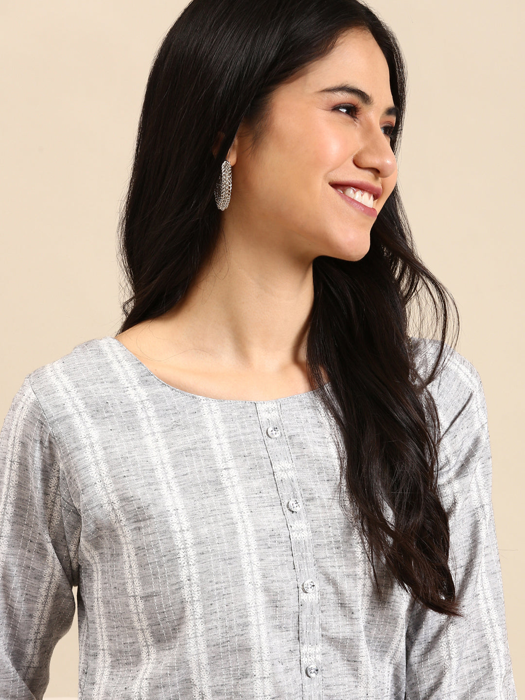 Women's Grey Striped Woven Design Thread Work Straight Kurta