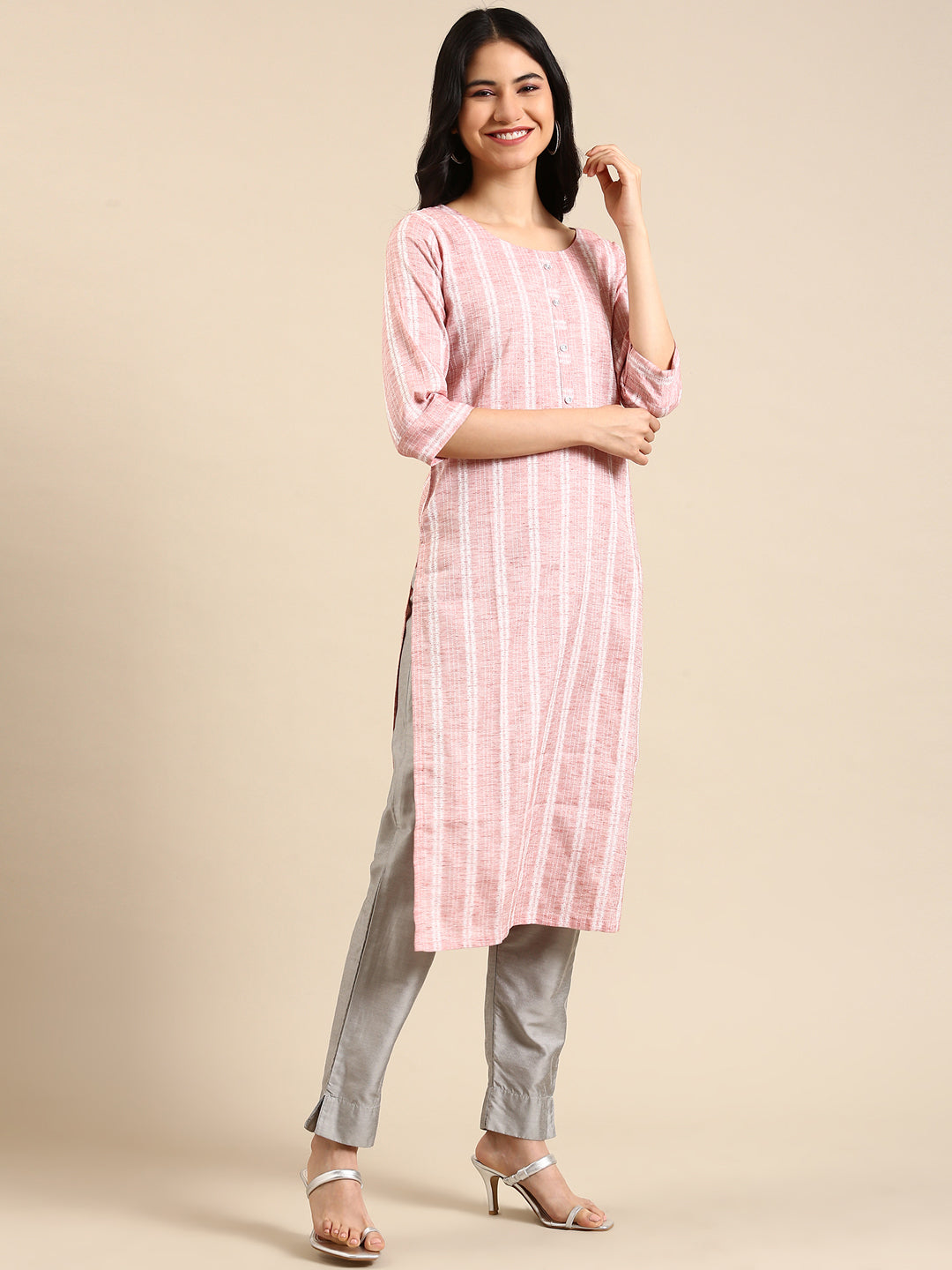 Women's Peach Striped Calf Length Woven Design Round Neck Straight Kurta