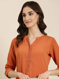 Women's Rust Mandarin Collar Roll Up Sleeves Straight Kurta