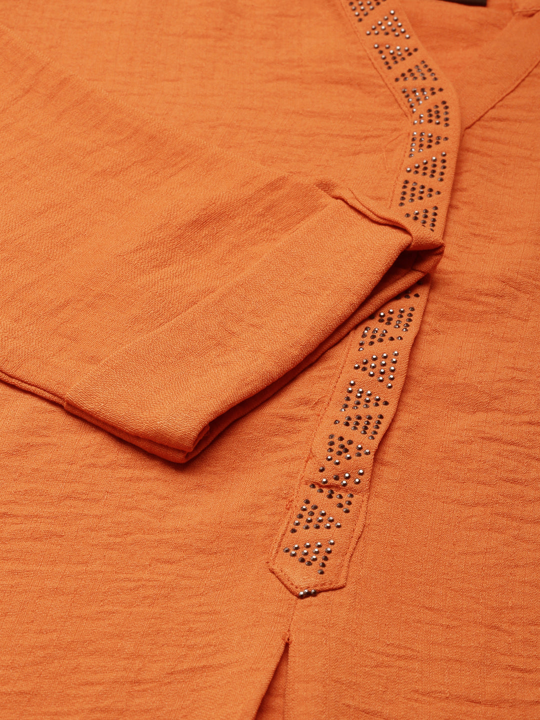 Women's Rust Mandarin Collar Roll Up Sleeves Straight Kurta