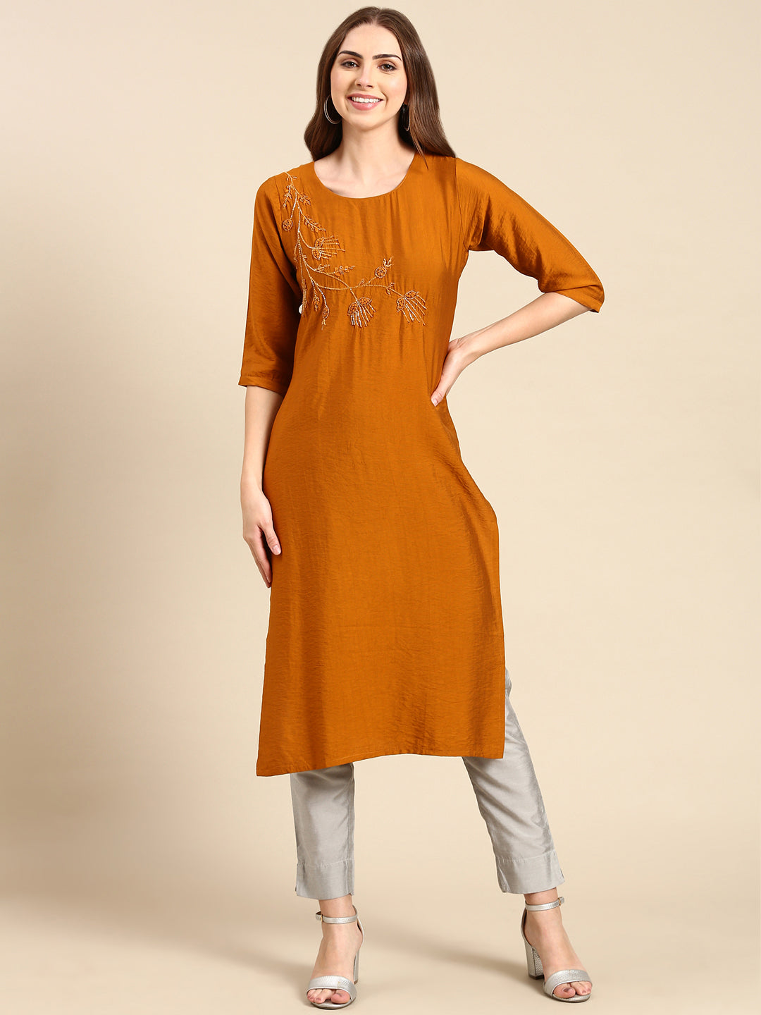 Women's Mustard Embellished Straight Kurta