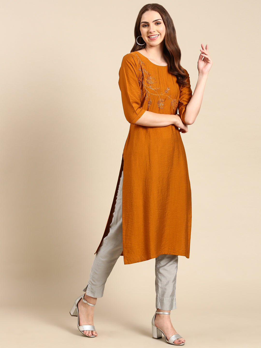 Women's Mustard Embellished Straight Kurta