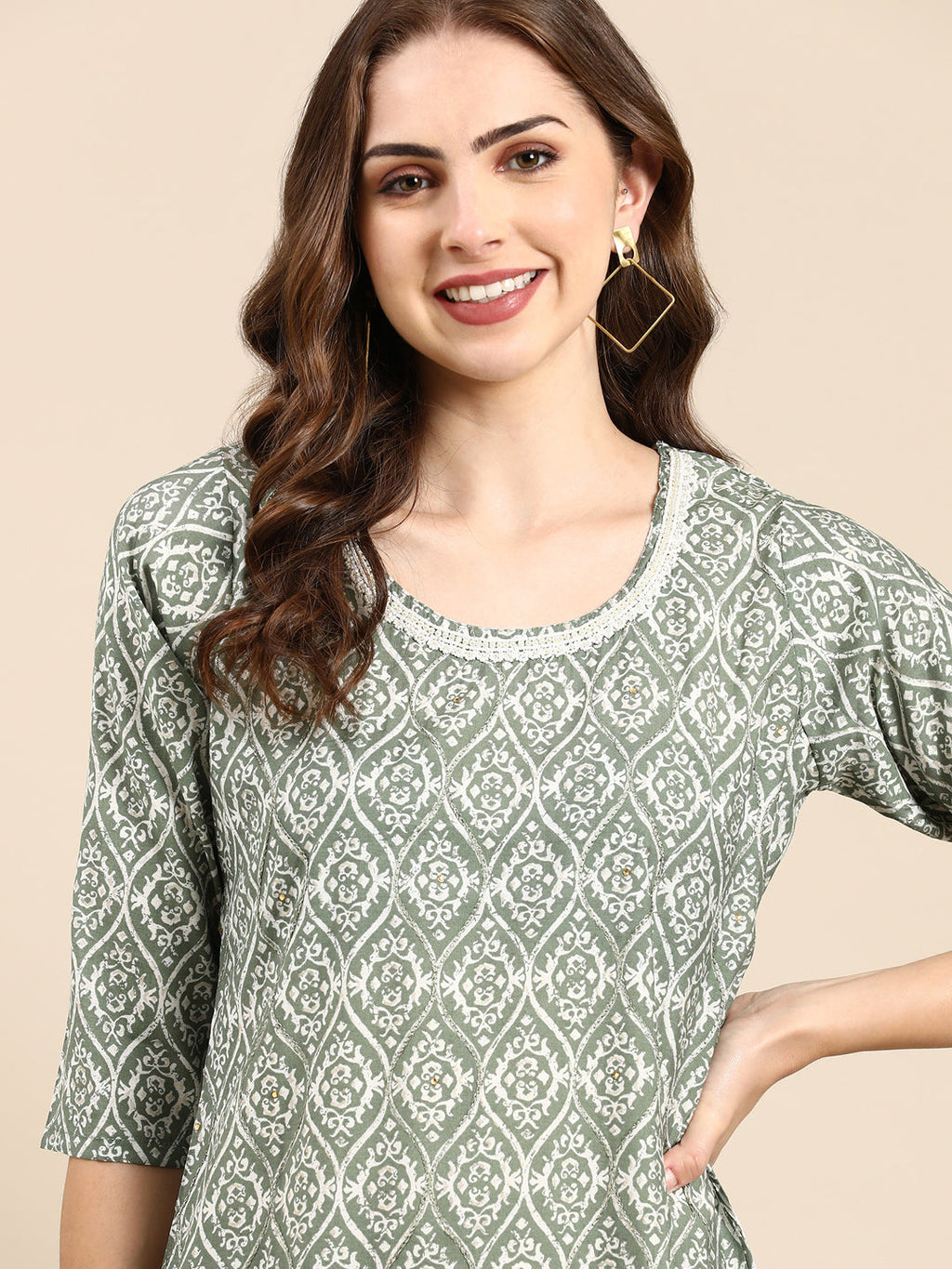 Women's Sea Green Bead Work Straight Kurta