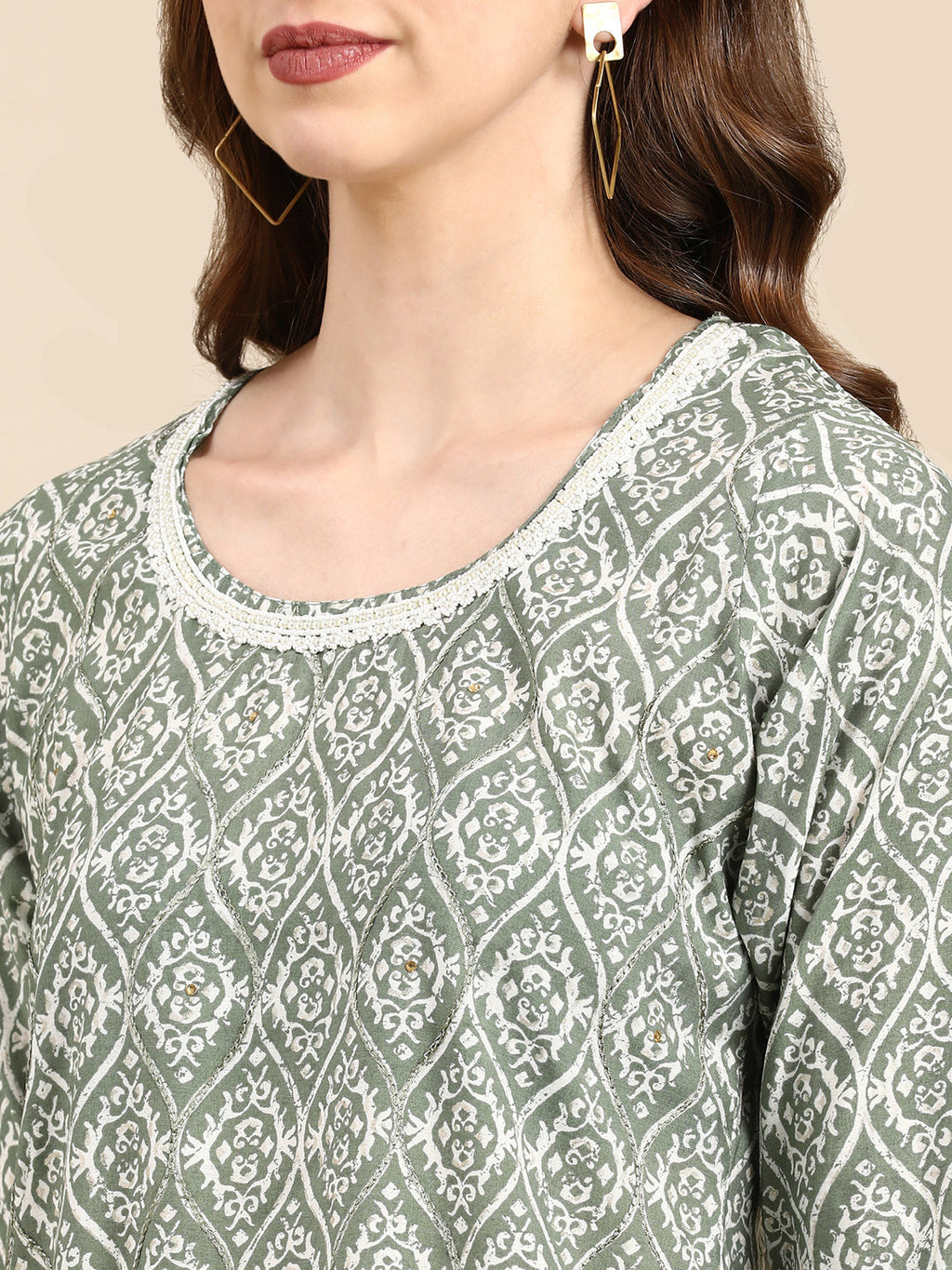 Women's Sea Green Bead Work Straight Kurta