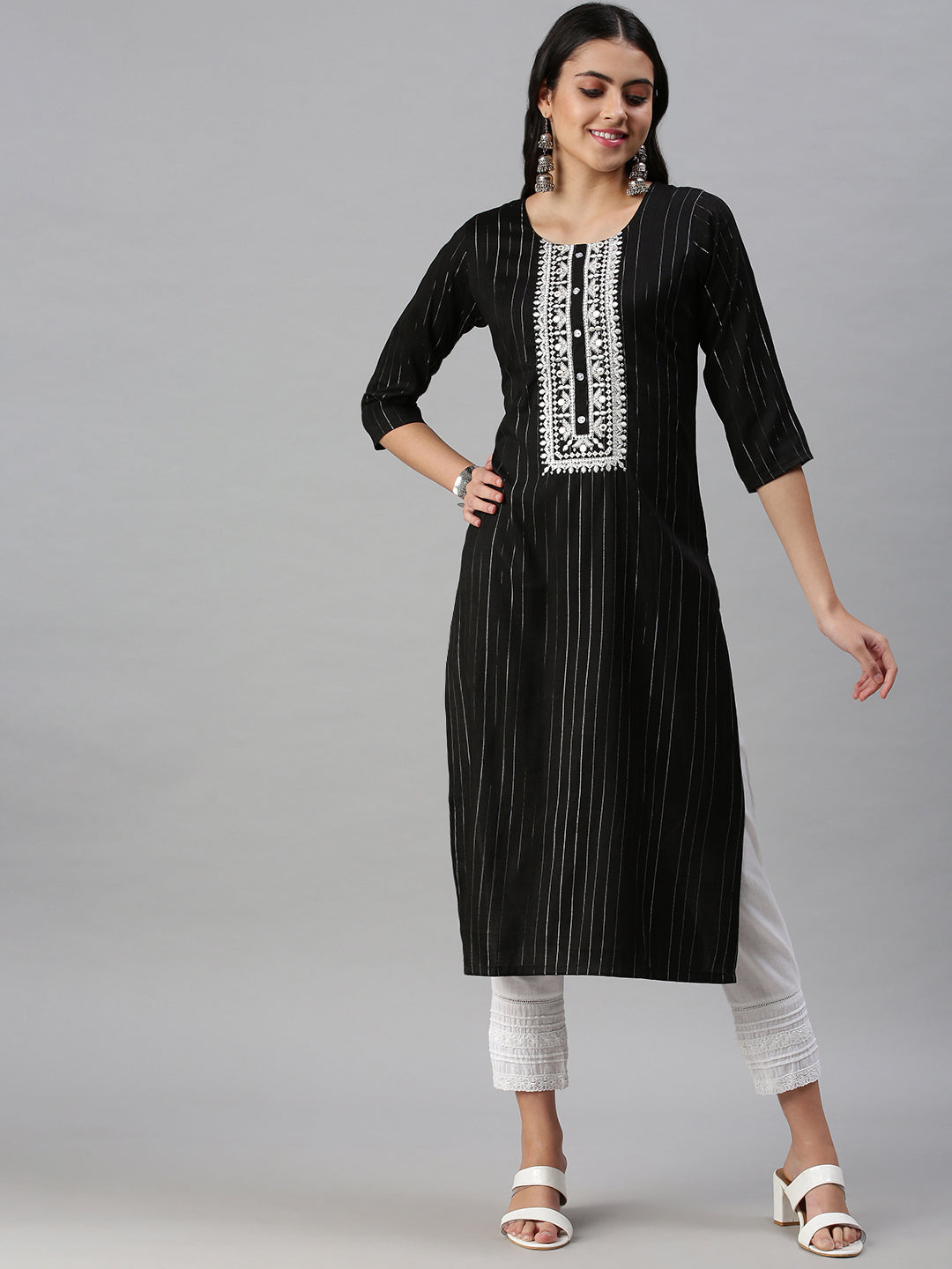 Women's Yoke Design Black Straight Kurta