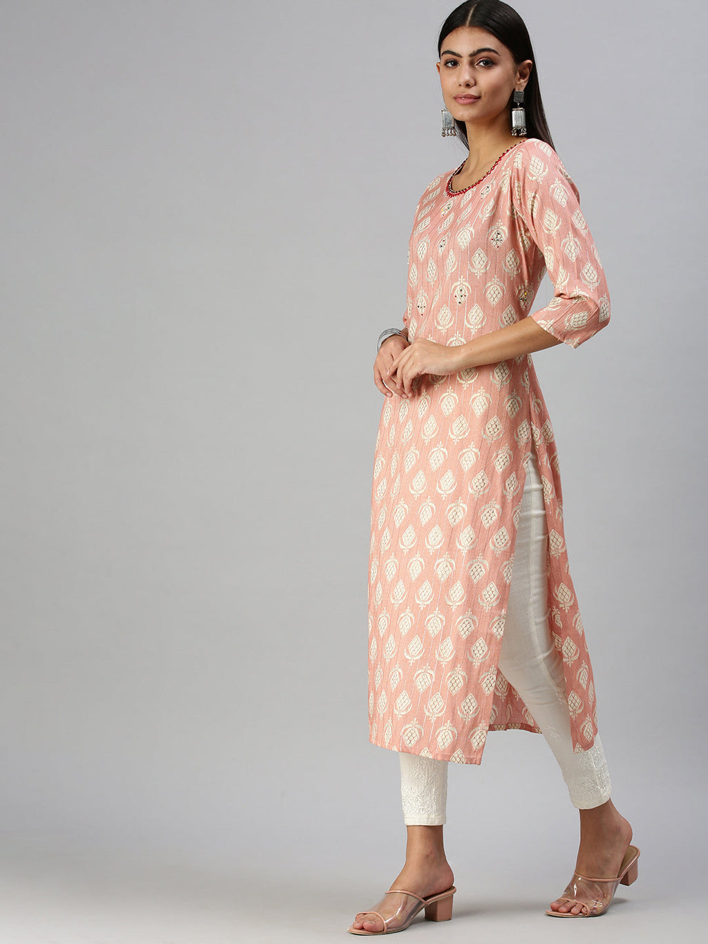 Women's Peach Ethnic Motifs Straight Kurta
