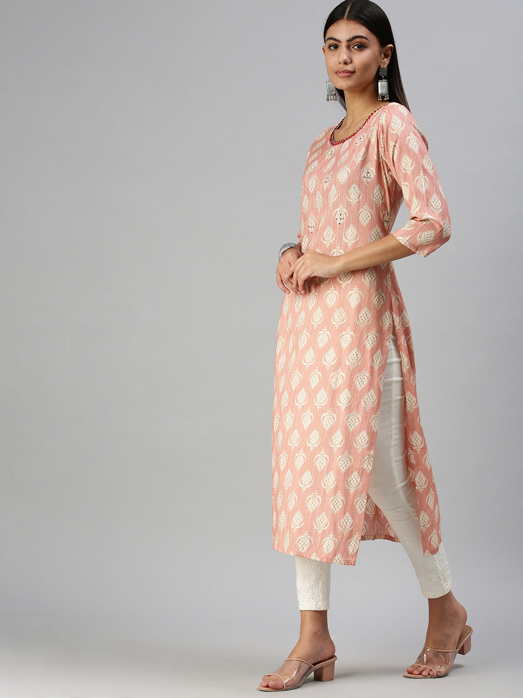 Women's Peach Ethnic Motifs Straight Kurta