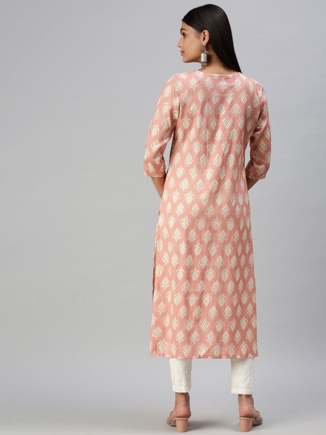 Women's Peach Ethnic Motifs Straight Kurta