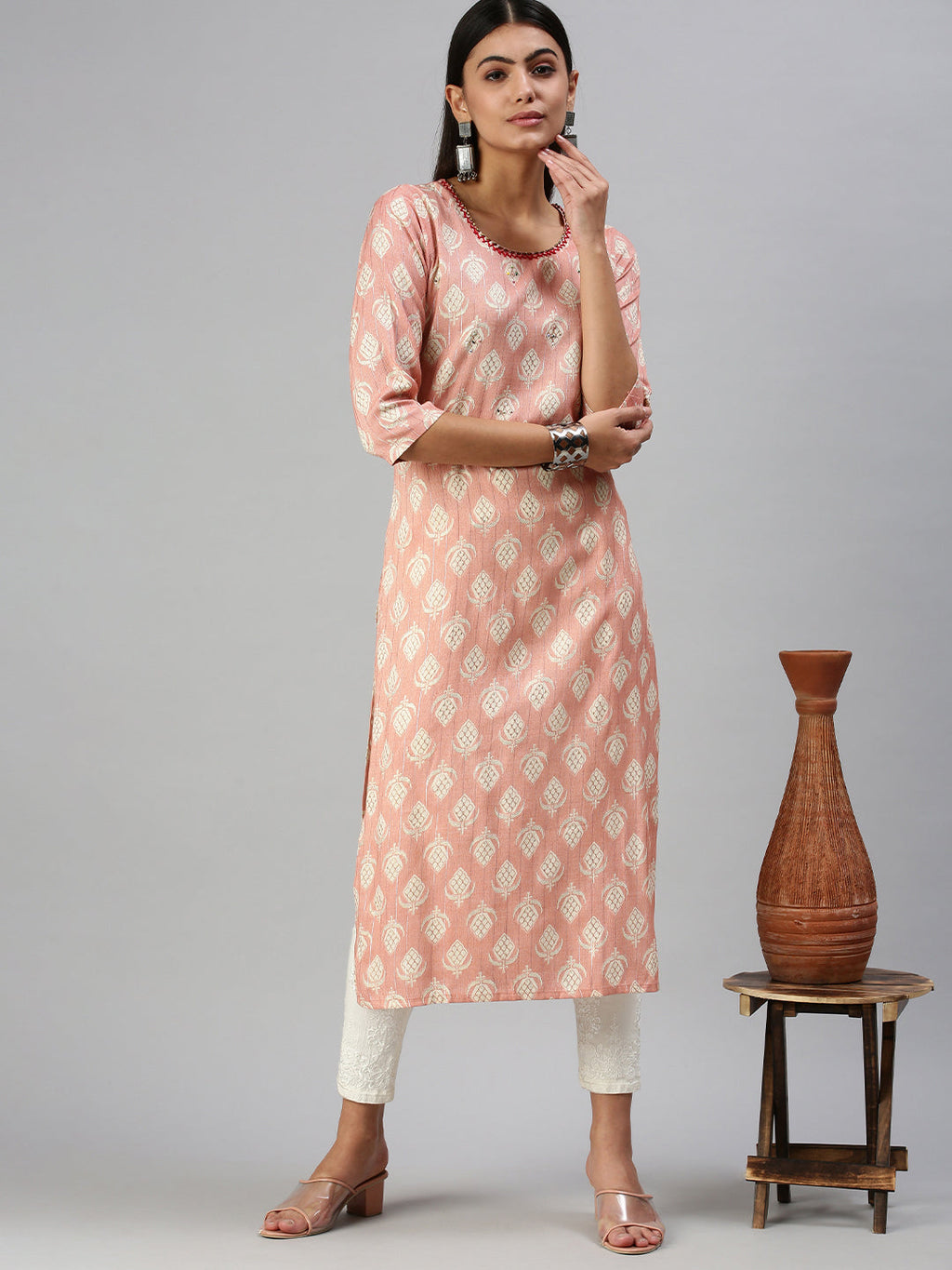 Women's Peach Ethnic Motifs Straight Kurta
