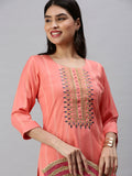 Women's Pink Striped Three-Quarter Sleeves Straight Zari Kurta
