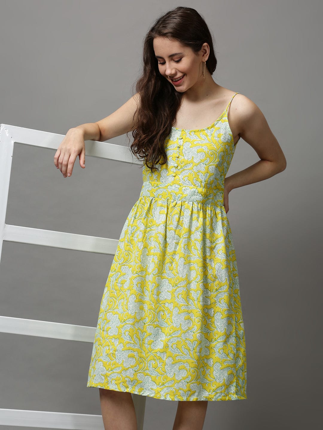 Women's Shoulder Straps Printed Fit and Flare Yellow Dress