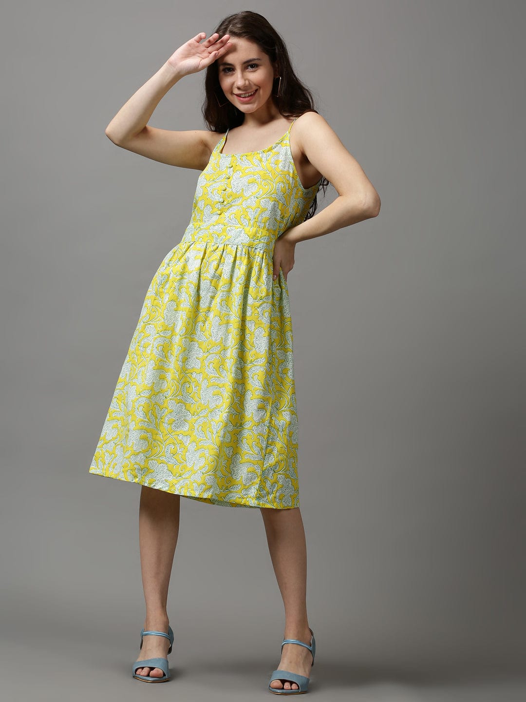 Women's Shoulder Straps Printed Fit and Flare Yellow Dress