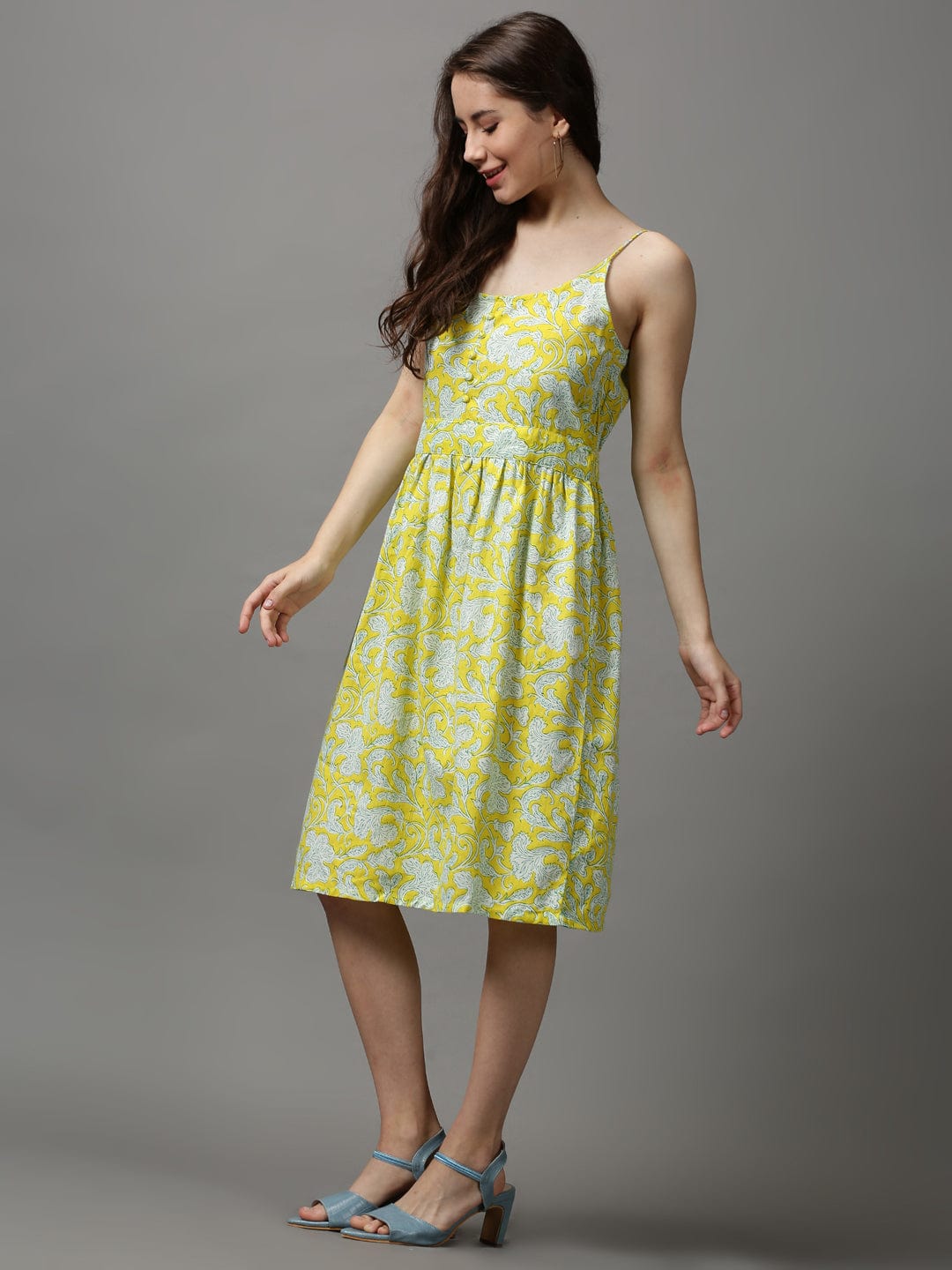 Women's Shoulder Straps Printed Fit and Flare Yellow Dress